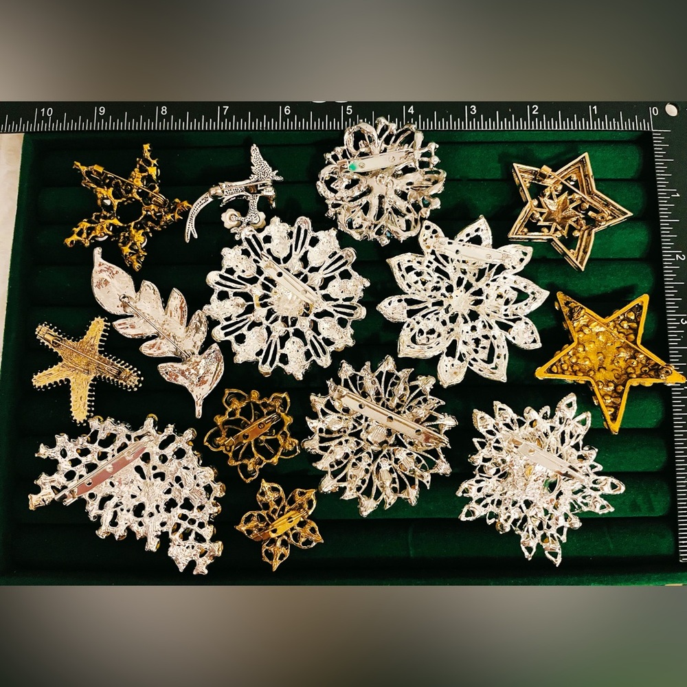 Lot 14pc Vintage Style Brooch Pin Crystal Rhinestone Flower Star Leaf Bird Mixed - Picture 2 of 2